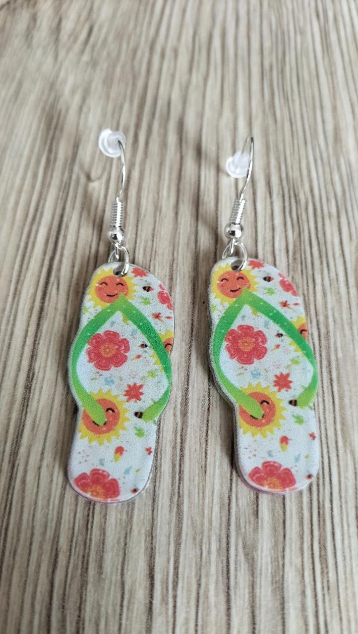 Boucles d'oreilles tongs avec fleurs et soleils